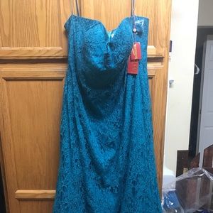 Teal color floor length prom dress, lace overlay